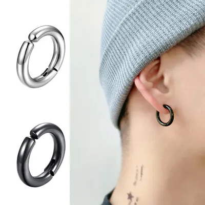 Men's Titanium Plated Fake Earrings Clip On No Ear Piercing Hole Hoop Jewelry • $1.11