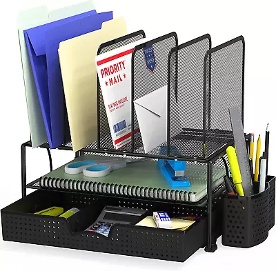 Simple Houseware Mesh Desk Organizer With Sliding Drawer Double Tray And 5 Upri • $28.66