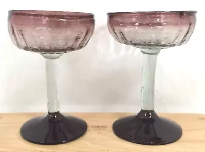 2 Vtg Mexican Art Glass Bubbles Hand Blown Rib Purple Rim Foot Martini Margarita • £24.32