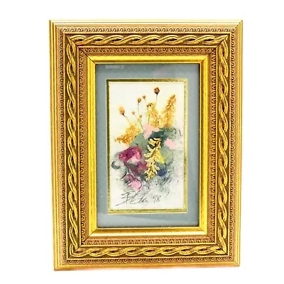 Miniature Dried Flowers On Watercolor Paper Gold Frame Signed K.R. Blake 5 X7  • $17.95