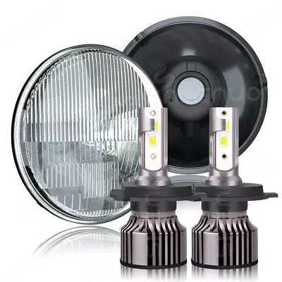 7 Inch Round Sealed Beam Glass Clear Lens Headlights H4 Bulbs H6024 H6014 Pair • $106.99