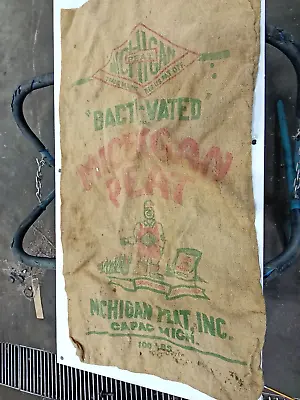Vintage 100# BURLAP BAG SACK:  Michigan PEAT MOSS Capac Michigan • $16.95