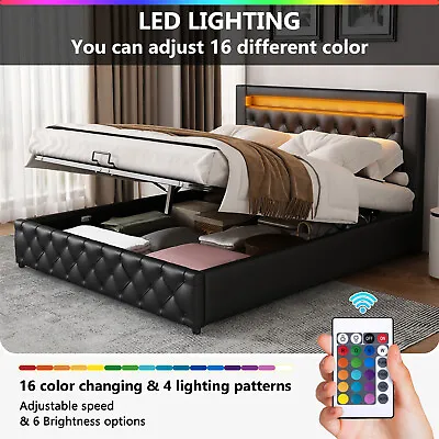 4ft6 Double Bed LED Bed Frame PU Leather Gas Lift Up Ottoman Storage Bed BT • £289.99