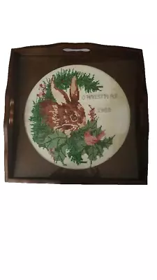 VNTG Cross Stitch In A Wooden Serving Tray Approx.12”x12” 1988 Rabbit/Bird-XMAS • $12