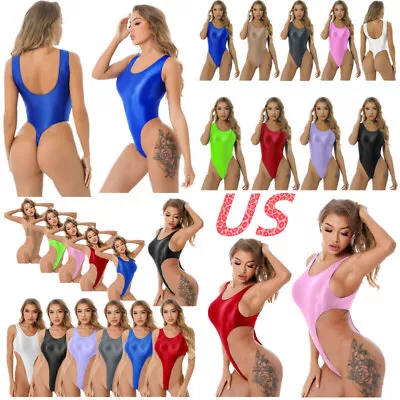 US Womens Glossy High Cut Thongs Leotard Monokini Swimwear One Piece Swimsuits • $4.69