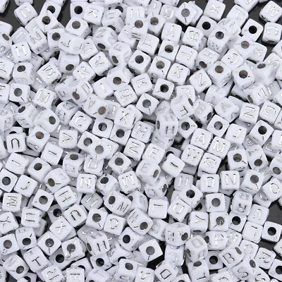 ❤ 500 Pcs - SMALL -  WHITE CUBE/SILVER  ALPHABET LETTER BEADS - No. 152 ❤ • £5.69