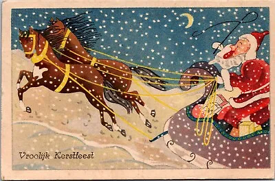 $12.99 • Buy Christmas Postcard Santa Claus Horse Drawn Sleigh Snowy Night Moon Moon Vintage