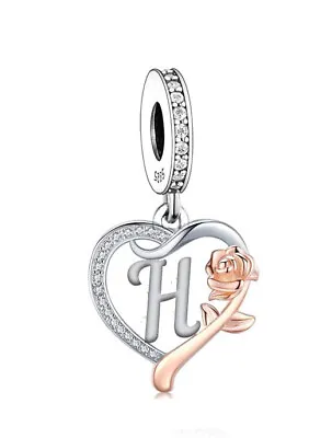 Letter H Name Initial Heart & Rose Dangle Charm 💜 Genuine 925 Sterling Silver • £17