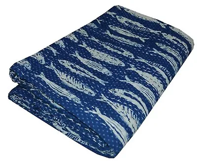 Blue Fish Print Quilt Vintage Cotton Kantha Bedspread Throw Cotton Blanket Quilt • $50.99