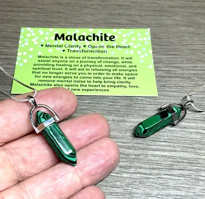 Malachite Green Gemstone Shakra Silver Pendant Necklace + Card • £4.49