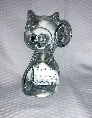 Vintage Owl CRYSTAL Art GLASS FIGURINE - Bullicante BUBBLES & BIG EYES 4” • $6.19