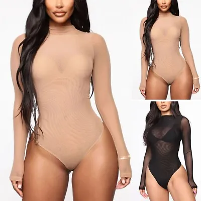 Ladies Sexy Long Sleeve Mesh Sheer Bodysuit Top Leotard See Through Fashion • £11.09