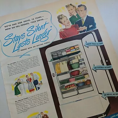 Vintage SERVEL GAS REFRIGERATORS STAYS SILENT LASTS LONGER 1947 Magazine Ad • $12.50