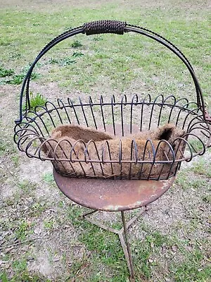 Vintage French Country Black Metal Wire Garden Planter Flower Basket W Liner • $49