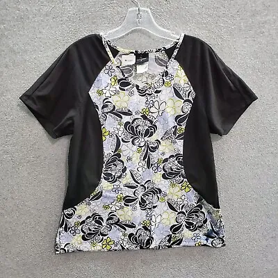 Baby Phat Women Scrub Top Medium Black Colorblock Short Sleeve Floral • $9.74