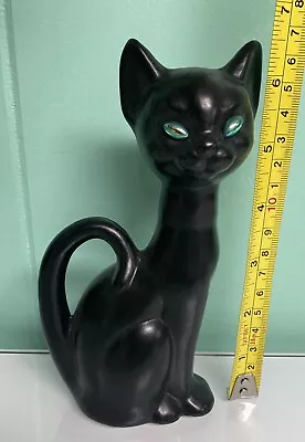 Vintage MCM 6.5” Ceramic Black Cat Sitting Jewel Eyes Figure Statue Hand Painted • $35