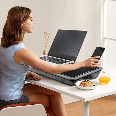 Portable Lap Desk Laptop Tray Pillow Cushion Mouse Pad Phone Tablet Slot Grey • £16.88