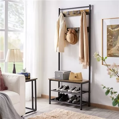 $56.99 • Buy 73” Industrial Hall Tree Coat Rack Shoe Bench With 9 Movable Hooks For Entryway