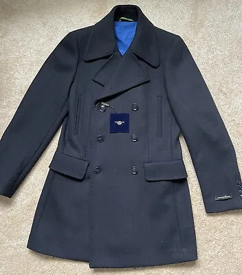 Holland Esquire Men’s Wool Coat Navy Blue Black Subtle Check Pattern Sz 38 BnWts • £54.99