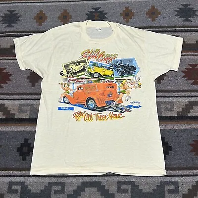 Vintage Hot Rod Car T-Shirt 80s Size Large Single Stitch USA Yellow Still Crazy • $58.45