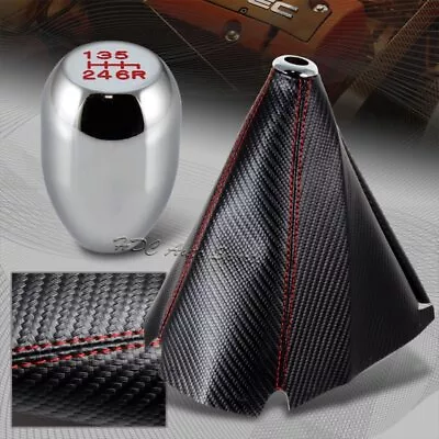 Carbon/Red Stitch Manual Shift Boot +T-R Chrome 6-Speed Shifter Knob Universal • $15.99