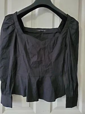 ZARA Woman Solid Black Sweetheart Peplum Long Sleeve Sz XS • $12