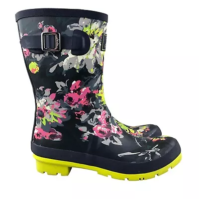 Joules Women's Size 9 Molly Welly Blue Yellow Pink Grey Floral Buckle Rain Boots • $39.64