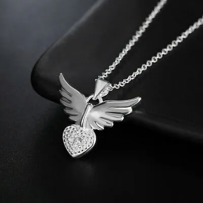 925 Sterling Silver White Topaz Guardian Angel Wings Goddess Pendant Necklace • $15.74