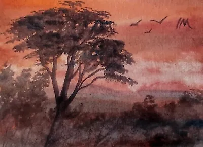 ACEO Original Painting Art Card Landscape Sunset Trees Hills Fields  Watercolour • £5