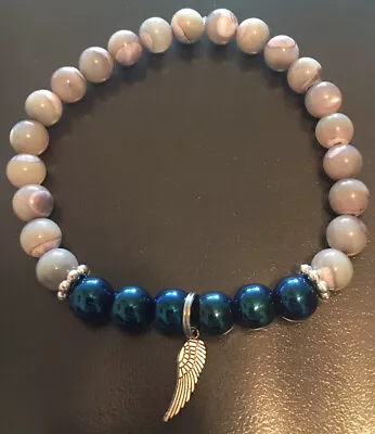 Mens Gray & Blue Beaded Bracelet Wing Charm Mother Of Pearl Semi-Precious Gift • $16.99