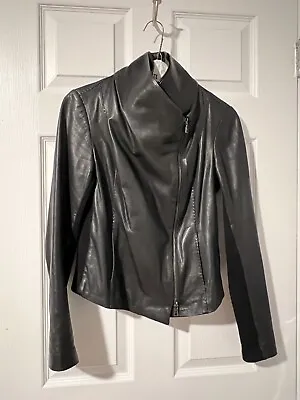 VINCE Women Soft Paper Leather Scuba Moto Jacket Asymmetrical Zip Black Size XS • $150