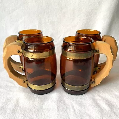 Vintage 1960's Siesta Ware Glass Wood Handles Amber Barrel Mugs Set Of 4 • $19