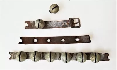 Antique SLEIGH BELLS Hames DOOR HORSE BUGGY AMISH Leather Belt Hand Wrought Iron • $68.95