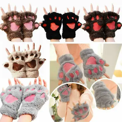 $5.63 • Buy Winter Bear Plush Gloves Fluffy Cat Paw Claw Glove Soft Fingerless Gloves Mitten