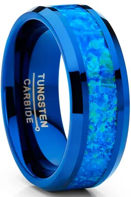 Men's Blue Green Crushed Opal Tungsten Wedding Band Ring Comfort Fit 8MM • $39.99