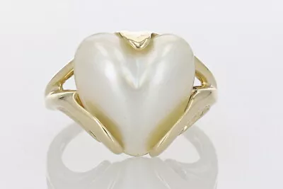 Heart-Shaped Mabé Cultured Pearl Solitaire Statement Ring 14k Yellow Gold Size 6 • $314.99