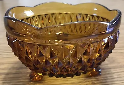 Vintage Amber Indiana Glass 3 Footed Diamond Point Scalloped Edge Candy Dish 5” • $14.90