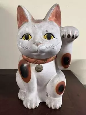 MANEKI NEKO Lucky Cat Pottery Statue 7 Inch Japan Antique Old Figurine Figure • $239.99