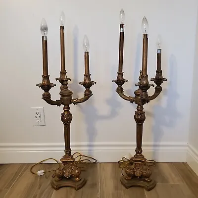 Pair Vintage Antique Style Ornate Brass 3 Arm Rococo Baroque Candelabra Electric • $1062.50