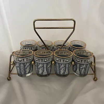 Vintage Jeanette Corinthian Grecian Blue 8 Cocktail Shot Glasses Caddy Set • $39.99