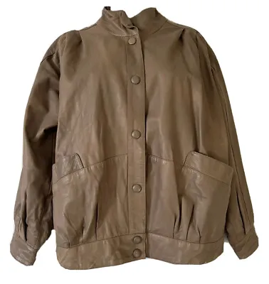 Genuine Vintage 90s Leather Jacket 14 M Drop Shoulders Mink Brown Grunge Fashion • $40.41