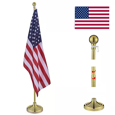 6ft Stand Telescopic Flag Pole Set W US Flag & Gold Ball & Base Aluminum Indoor • $73.90