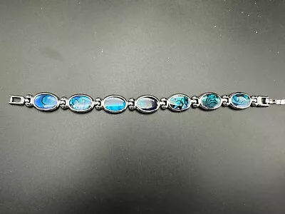 Vintage Linked Bracelet Blue Abalone? Glass? Cabochon Silver Tone Metal 7.5” • $6