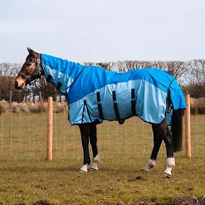 600D 2 In 1 Waterproof Fly Turnout Mesh Horse Rug Fixed Neck 2 Blue's 5'6-6'9 • £30.99