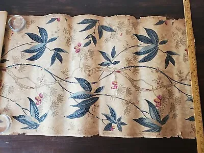 £29.45 • Buy Vtg 1950s Partial Wallpaper Roll Climbing Blue Leave Red Buds Tan Background 85 