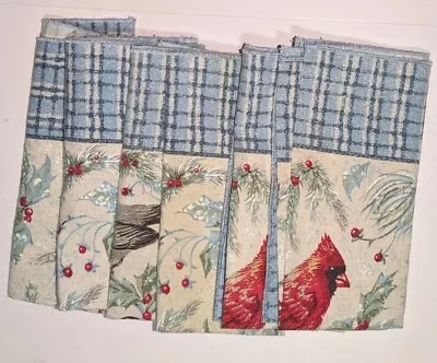 Vtg Christmas Birds Cardinal Chickadee Holly Blue Checked Fabric Panels 6 • $15.99