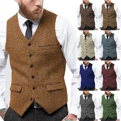 Mens Tweed Vest Vintage Wool Herringbone Western Vintage Vests M Large XL XXL • $32.98