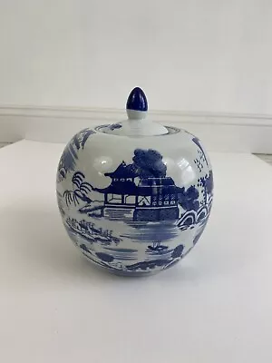 $52 • Buy CHINESE HAND PAINTED PORCELAIN URN JAR W/lid BLUE WHITE Buddha Temple 8” Tall /r
