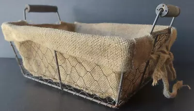 Vintage Wood Handled Chicken Wire Over Metal Basket. Burlap Lining. 11 X 7 1/2 • $30