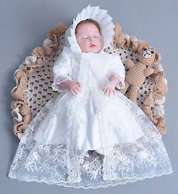 Girls White Lace Christening Gown Party Dress Cape Bonnet 0 3 6 12 18 24 Months • £26.99